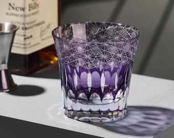 Vintage Kiriko Bourbon Purple Crystal Whisky Glass Hand-Carved Retro Glassware Unique Japanese Whiskey Tumbler Barware Collection Gifts Idea