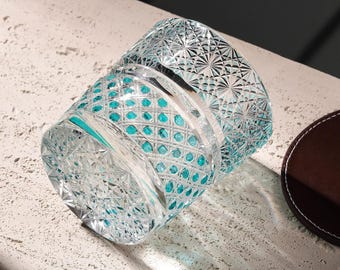 Hand-Carved Edo Kiriko Sparkling Whiskey Glass Crystal Lowball Tumbler, Luxury Barware Gift for Whisky Lovers with Gift Box Birthday Gifts