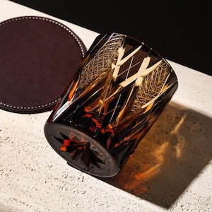 Hand-Carved Kiriko Crystal Whiskey Glass Japanese Amber Black Bourbon Tumbler Home Bar Retro Rocks Glass Birthday Gift for Whisky Lovers