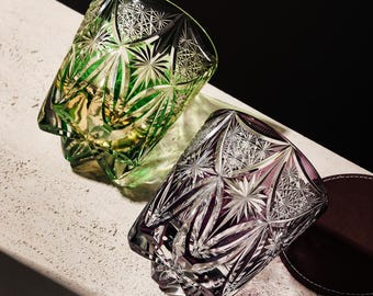 Vintage Cut Edo Kiriko Elegant Whiskey Glasses, Colored Japanese Luxury Crystal Tumbler, Unique Bourbon Barware, Gift for Whiskey Lovers