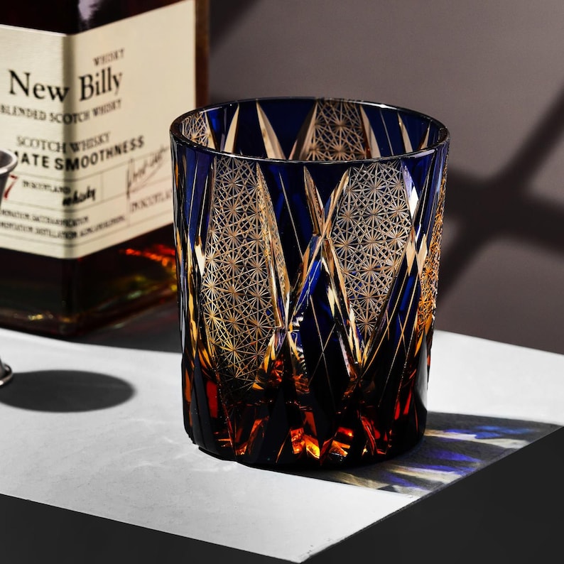 Hand-Carved Kiriko Crystal Whiskey Glass Japanese Amber Blue Bourbon Tumbler Home Bar Retro Rocks Glass Birthday Gift for Whisky Lovers