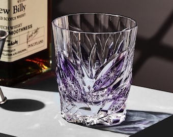 Vintage Edo Kiriko Purple Leaf Whiskey Tumbler Hand-Carved Crystal Rocks Glass Old Fashioned Japanese Barware Gift for Whisky Lovers