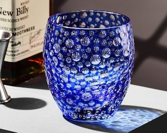 Japanese-Style Blue Bubble Whiskey Glass Hand-Carved Crystal Bourbon Tumbler for Whisky Lovers Unique Birthday Gift and Barware Collection