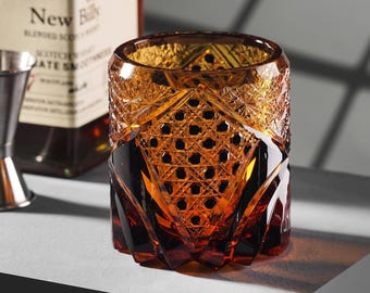 Vintage Kiriko Amber Black Whisky Glass Hand-Carved Japanese Luxury Crystal Glass Old Fashioned Whiskey Tumbler Unique Glassware Collection