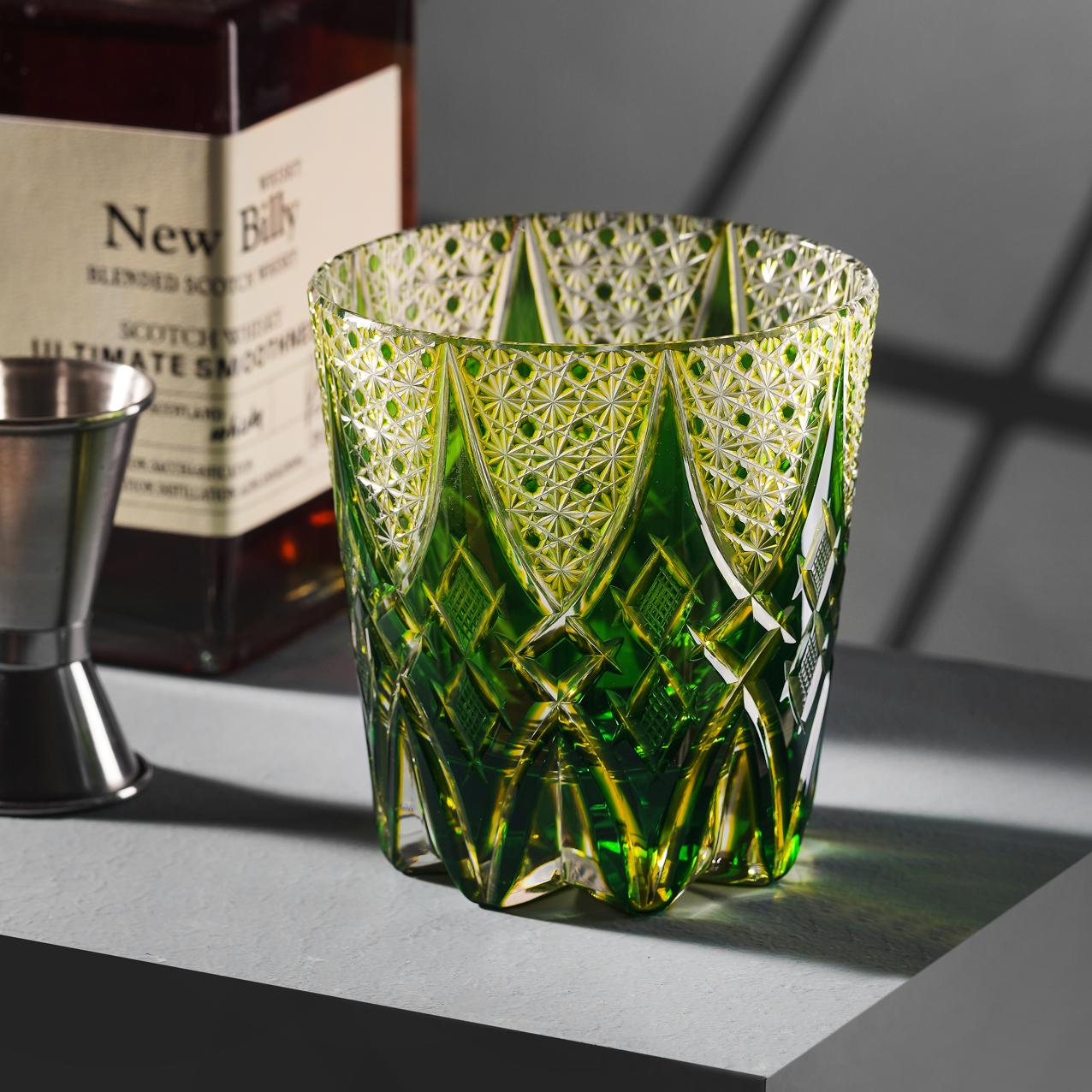 Vintage Kiriko Green Whiskey Glasses Hand-Carved Bourbon Crystal Rocks Glass Old Fashioned Whiskey Barware Tumbler Unique Glassware Gifts