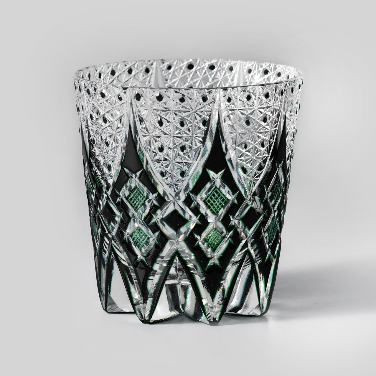 Vintage Kiriko Green Whiskey Glasses Hand-Carved Bourbon Crystal Rocks Glass Old Fashioned Whiskey Barware Tumbler Unique Glassware Gifts
