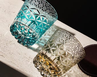 Handmade Vintage Edo Kiriko Colored Whiskey Glasses Japanese Old Fashioned Crystal Tumblers Luxury Home Bar Glass Gift for Bourbon Lovers