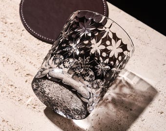 Old-Fashioned Black Sakura Whiskey Glass Hand-Carved Japanese Crystal Bourbon Tumbler Luxury Edo Kiriko Barware Gift for Drink Lovers