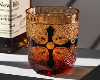 Vintage Scarlet Cross Whiskey Glass: Hand-Carved Japanese Old-Fashioned Crystal Tumbler Luxury Rocks Glass For Whisky Lovers Gift for Him