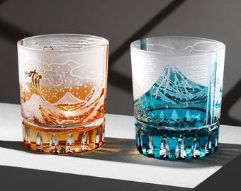 Japanese Mount Fuji Whiskey Glass - Hand-Carved Kiriko Crystal Barware Colored Rocks Glass for Drink Lovers Unique Home Bar Gift