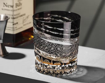 Vintage Kiriko Amber Black Crystal Whisky Glass Hand-Carved Bourbon Glassware Japanese Luxury Whiskey Tumbler Barware Gift Men Gifts Idea