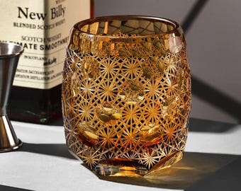 Hand-Carved Kiriko Daisy Whiskey Glass Luxury Japanese Amber Crystal Tumbler Vintage Bourbon Gift for Him Birthday Gift for Whiskey Lovers