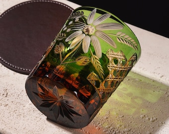 Hand-Carved Floral Whiskey Glass Japanese Style Etched Bourbon Tumbler Crystal Barware for Home Bar Personalized Whiskey Gift for Him