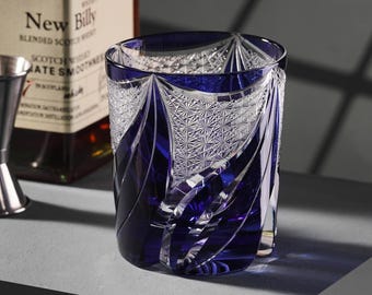 Vintage Kiriko Blue Flame Whiskey Glass Hand-Carved Bourbon Barware Drinkware Japanese Luxury Crystal Tumblers Men Gift Idea Birthday Gifts