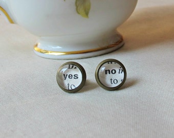 Yes No Earrings Ear Studs. Post Typography Dictionary Text Book Page. Words Brass Upcycled Miniature Two Cheeky Monkeys Jewellery Jewelry