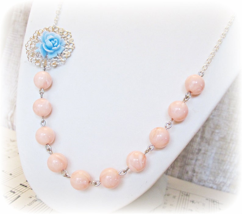 Blue Peach Botanical Jewelry Necklace Jewellery Coral Pastel Asymmetrical For Women Her Vintage Rose Candy Silver Boho Beaded Handmade image 3
