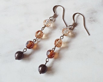 Coffee Brown Swarovski Crystal Earrings Jewelry Ombre Cappuccino Pearl Jewellery Drop Dangle Dainty For Her Women Silver Bridesmaid Gift