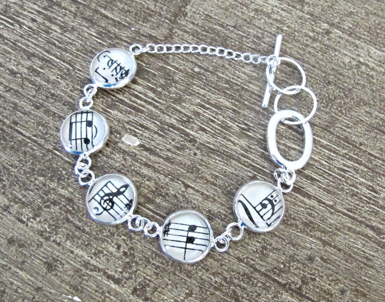 Music Bracelet Gift Jewelry Vintage Sheet Jewellery Musician Musical Notes Treble Clef Bass For Women Silver Tennis Round Handmade image 3