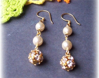 Disco Ball Earrings  Jewellery Gold Vermeil Pearls Rhinestones For Women Her Drop Dangle Accessories Cream Sparkly Birthday Gift