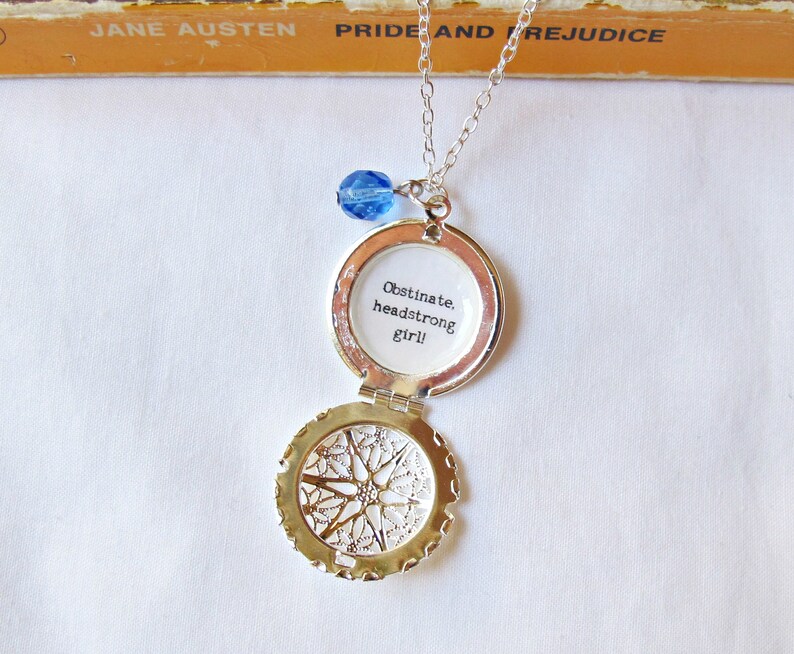 Jane Austen Quote Necklace Jewellery Jewelry Pride and Prejudice Obstinate Headstrong Girl Locket Handmade Silver Bookworm Women Librarian image 5