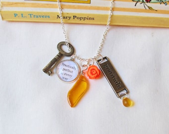 Mary Poppins Jewelry Charm Necklace Jewellery Orange For Women Skeleton Key Vintage Bookworm Gift Botanical Floral Flower
