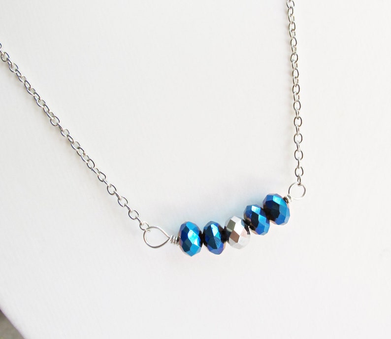 Blue Metallic Beaded Bar Necklace Electric Jewelry Silver Jewellery For Women Teens Her Dainty Minimalist Beaded Handmade Gift Chain image 3