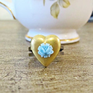 Heart Locket Ring: Vintage Brass, Blue Rose, Adjustable Secret Keeper