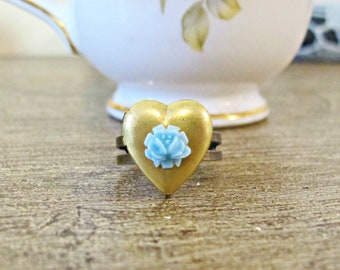 Heart Locket Ring For Women Jewelry Jewellery Blue Rose Adjustable Pillbox Vintage Brass Poison Secret Keeper Hidden Message Ring Floral