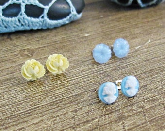 Blue White Earrings Set Ear Studs Jewelry Vintage Pastel Cameo Floral Botanical Flower Jewellery For Women Cream Acrylic Glass Gift Girl