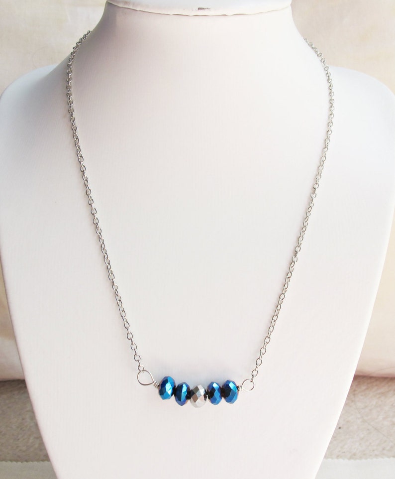 Blue Metallic Beaded Bar Necklace Electric Jewelry Silver Jewellery For Women Teens Her Dainty Minimalist Beaded Handmade Gift Chain image 5