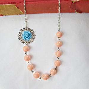 Blue Peach Botanical Jewelry Necklace Jewellery Coral Pastel Asymmetrical For Women Her Vintage Rose Candy Silver Boho Beaded Handmade image 2