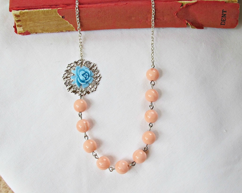 Blue Peach Botanical Jewelry Necklace Jewellery Coral Pastel Asymmetrical For Women Her Vintage Rose Candy Silver Boho Beaded Handmade image 2