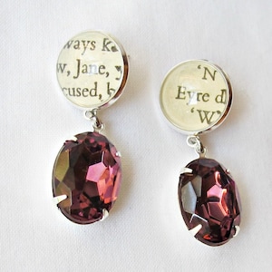 Amethyst Crystal Book Earrings: Literary Jewelry, Jane Austen, Bronte