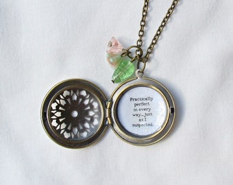 Practically Perfect Locket Necklace - Jewellery Jewelry Mary Poppins Pink Quote - Charm Botanical In Every Way Just As I Expected Floral