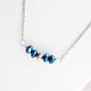 Blue Metallic Beaded Bar Necklace Electric Jewelry Silver Jewellery For Women Teens Her Dainty Minimalist Beaded Handmade Gift Chain image 1