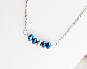 Blue Metallic Beaded Bar Necklace Electric Jewelry Silver Jewellery For Women Teens Her Dainty Minimalist Beaded Handmade Gift Chain