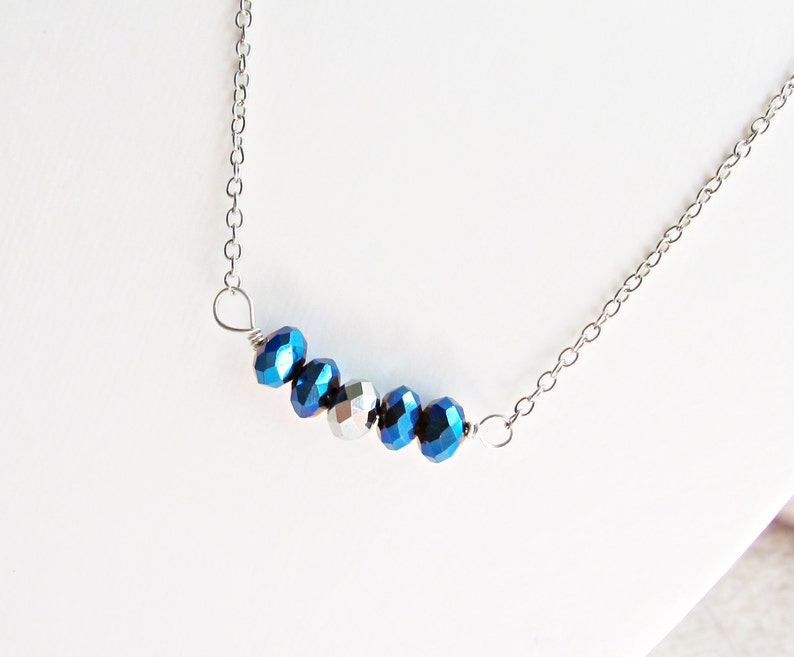 Blue Metallic Beaded Bar Necklace Electric Jewelry Silver Jewellery For Women Teens Her Dainty Minimalist Beaded Handmade Gift Chain image 1