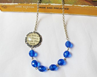 Asymmetrical Jane Austen Necklace Pride and Prejudice Sapphire Blue Mr Darcy Elizabeth Bennet Bookish Gift For Her Librarian