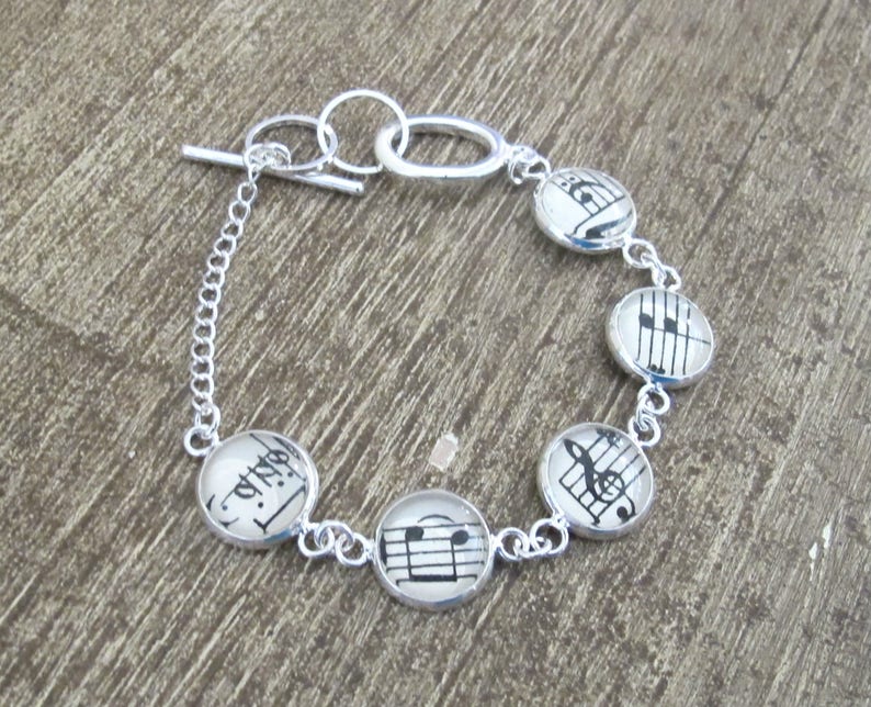 Music Bracelet Gift Jewelry Vintage Sheet Jewellery Musician Musical Notes Treble Clef Bass For Women Silver Tennis Round Handmade image 6