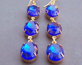 Sapphire Blue Estate Style Earrings Bridal Jewelry Long Drop Vintage Crystal Bridal Shoulder Dusters Wedding Gold Vermeil Something Blue