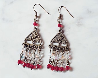 Red Boho Chandelier Earrings Jewellery For Women Jewelry Gift Floral Dangly Botanical Multistrand Triangle Dangle Shoulder Duster Her