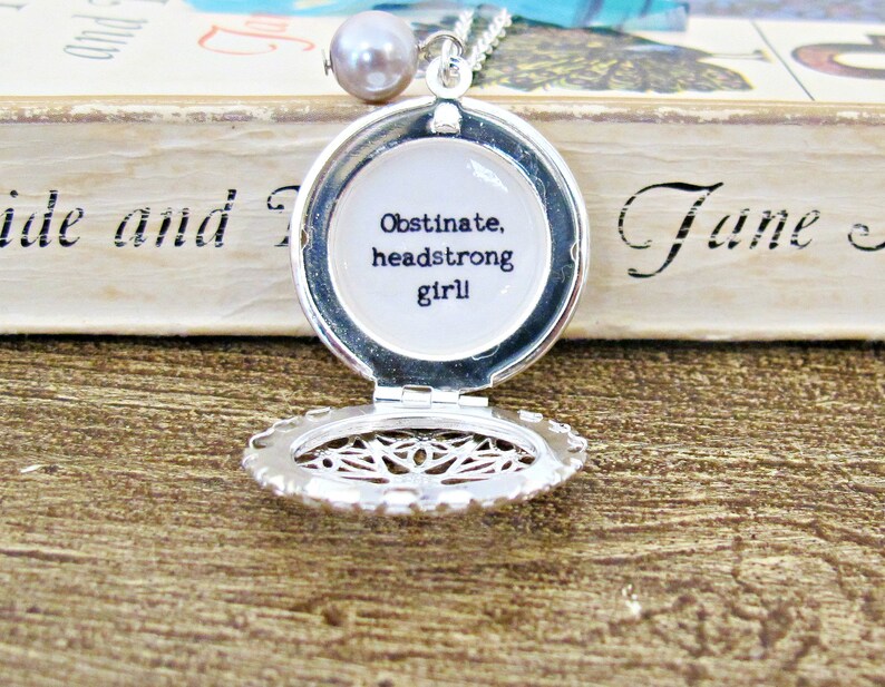 Jane Austen Quote Necklace Jewellery Jewelry Pride and Prejudice Obstinate Headstrong Girl Locket Handmade Silver Bookworm Women Librarian image 4