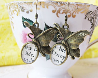 Pride and Prejudice Gift Earrings - Jewelry Jane Austen Mr Darcy Butterfly Mismatched - Jewellery For Women Bookworm - Bookish Literature