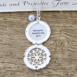 Jane Austen Quote Necklace Jewellery Jewelry Pride and Prejudice Obstinate Headstrong Girl Locket Handmade Silver Bookworm Women Librarian image 1