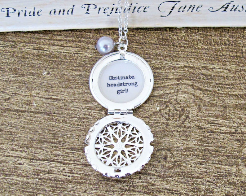 Jane Austen Quote Necklace Jewellery Jewelry Pride and Prejudice Obstinate Headstrong Girl Locket Handmade Silver Bookworm Women Librarian image 1