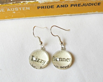 Lizzy Bennet Earrings Pride and Prejudice Jane Austen Dangle Silver Vintage Book Page Jewellery For Her Librarian Gift Bookworm