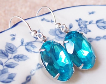 Aqua Blue Estate Style Jewelry Aquamarine Earrings Jewellery For Women Vintage Sterling Silver Victorian Art Deco Handmade Gift Her