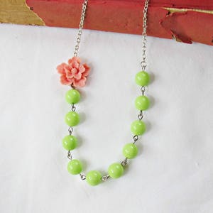 Sakura Necklace: Pink Cherry Blossom, Green Vintage Bead Jewelry