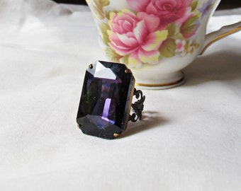 Chunky Crystal Cocktail Ring Jewelry Jewellery Adjustable Purple Estate Style Vintage Glass Gift For Women Bridesmaid