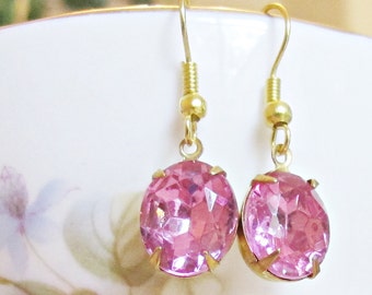 Rose Pink Drop Earrings Jewellery Jewelry For Women Teens Girls Dangle Gold Vintage Glass Jewel October Birthstone Estate Style Gift